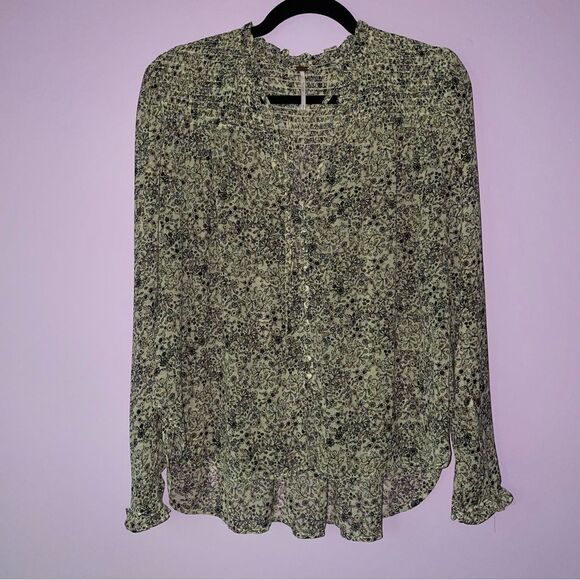 Free People Blouse M Yellow Ditsy Floral Chiffon Button Top - Picture 1 of 10